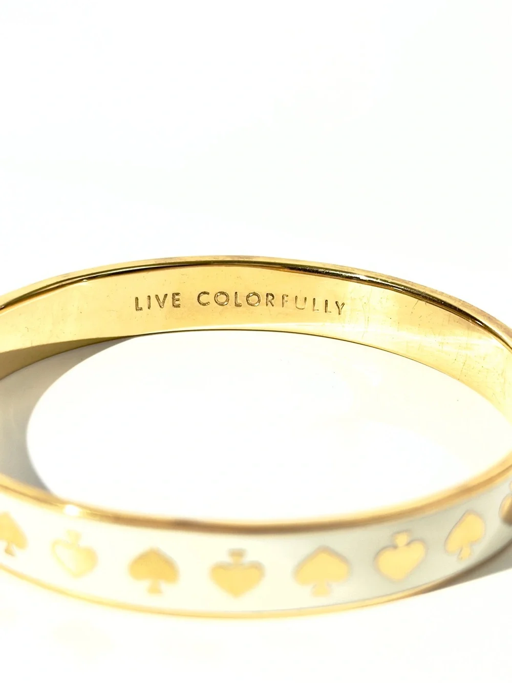 2 kate spade ♠️ gold-tone hot to trot spade bangle bracelets - white pink enamel